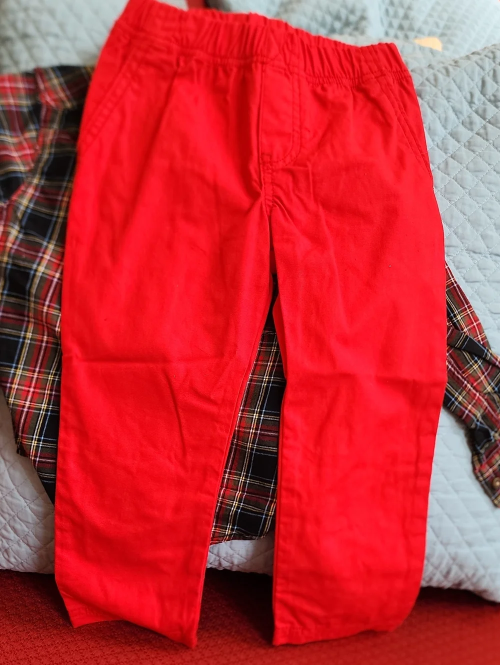 3T Carter's Red and Black Plaid Button-Down Shirt with Red Cotton Pull-on Pants